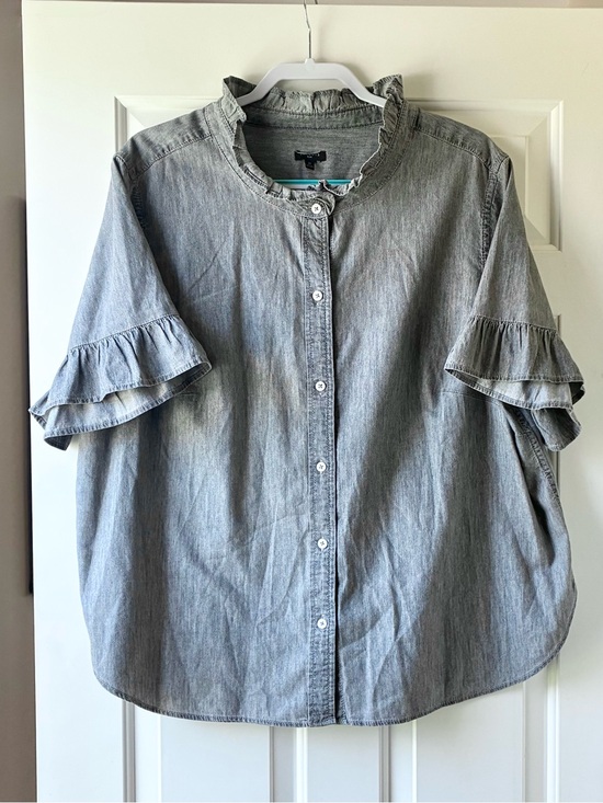 Talbots Tops - Talbots Button Front Shirt Ruffled Short Sleeve Cotton Light Gray Plus Size 2X
